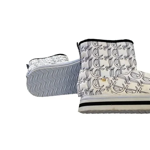 Juicy Couture Women's White and Black Logo Boots - Size 9